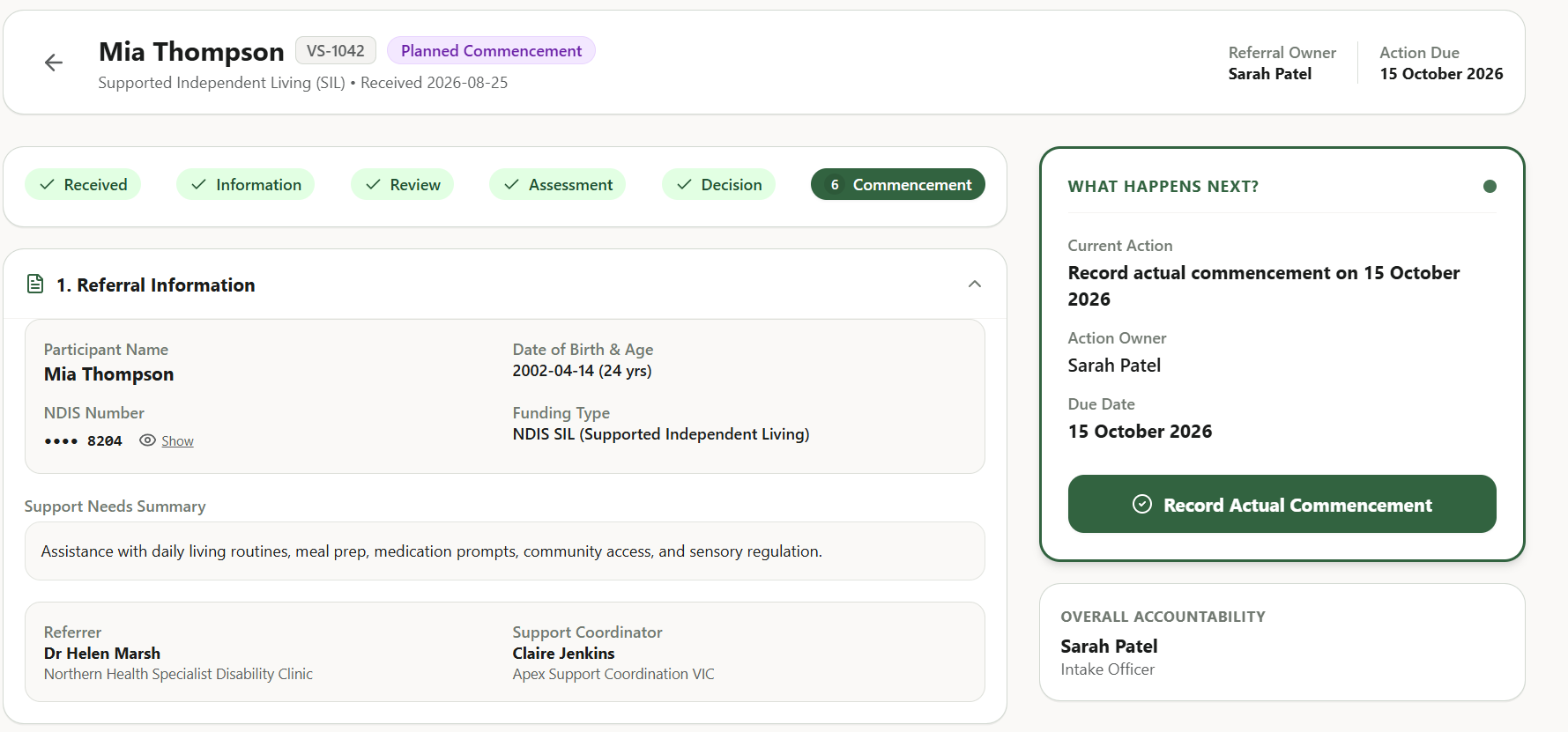 Planned commencement screen showing the full progress indicator and What Happens Next panel