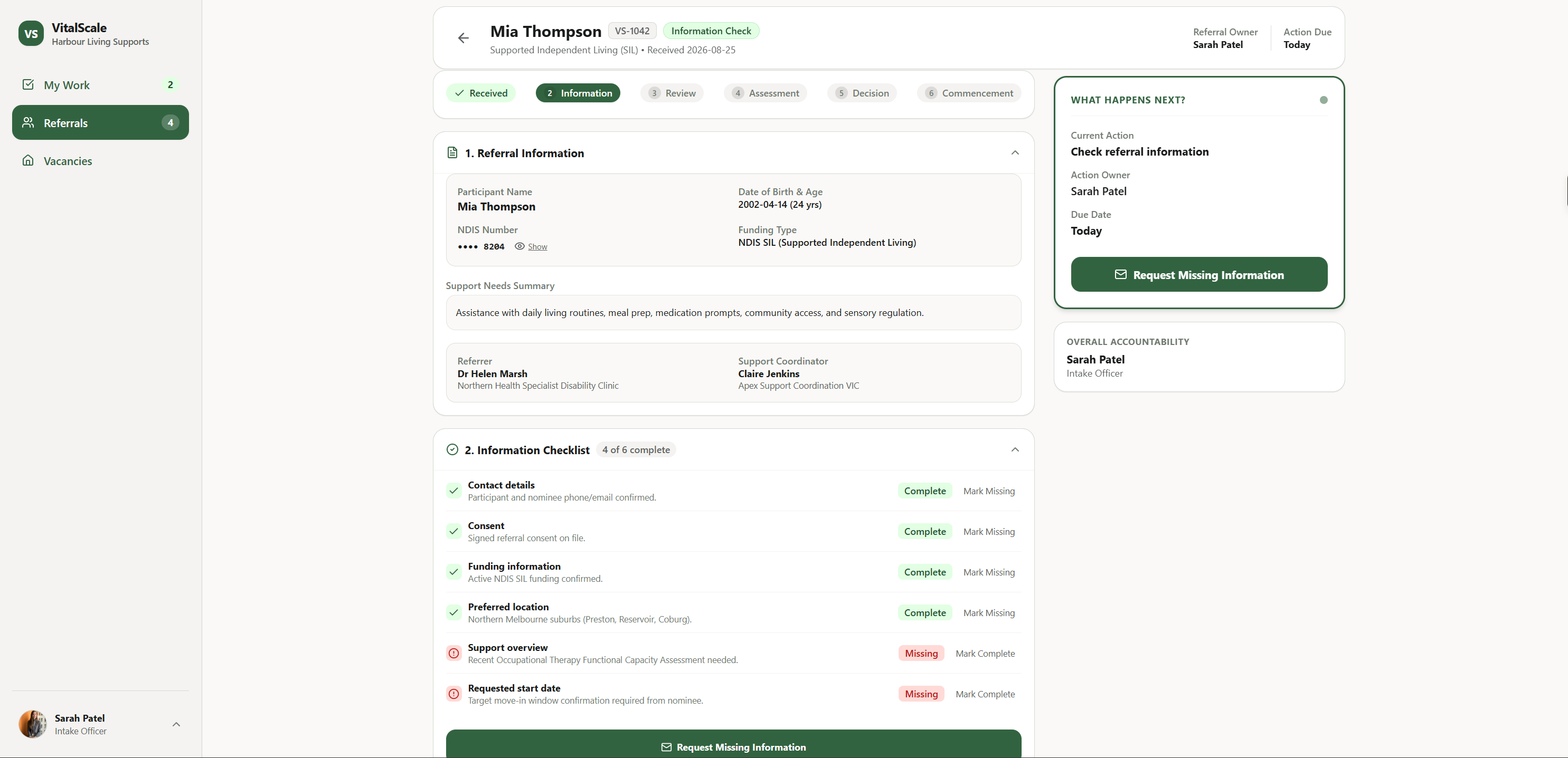 Referral detail page showing information checklist, action owner and due date