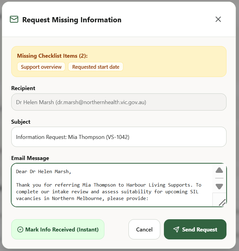 Editable request missing information screen listing the outstanding items