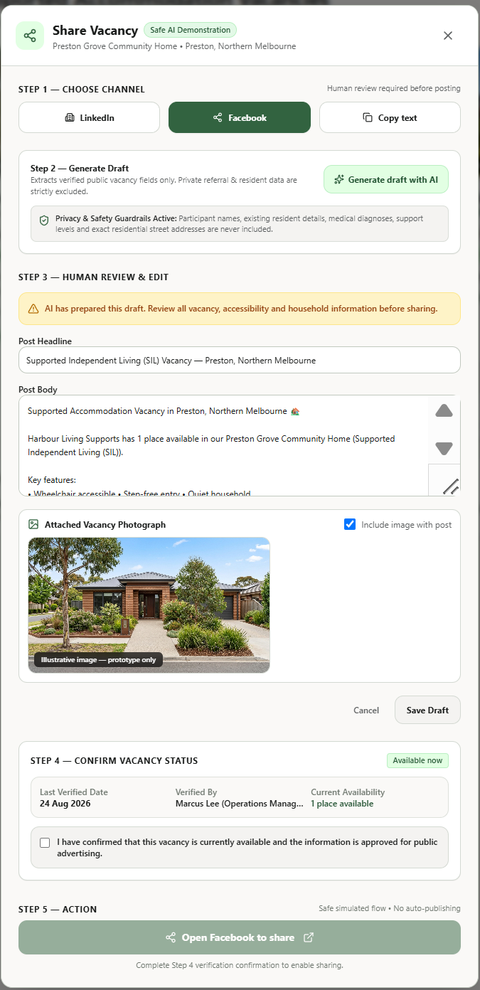 Share vacancy review screen with channel selection and human approval controls