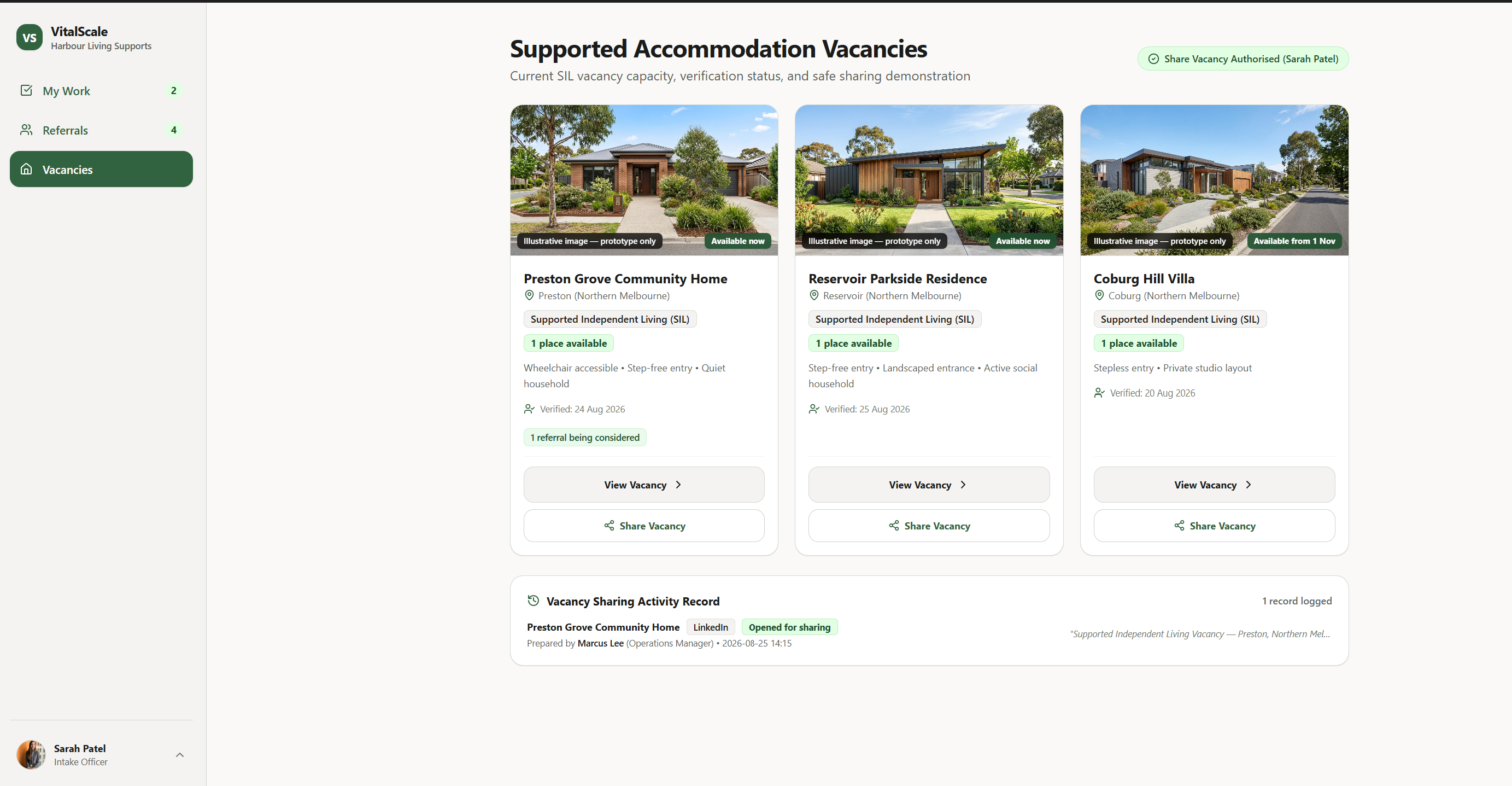 Vacancy dashboard showing verified supported accommodation vacancies